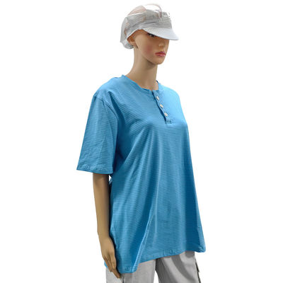 Phòng sạch 99% Cotton + 1% Carbon Fiber Blue Unisex ESD Áp áo O-neck chống tĩnh với 3 nút