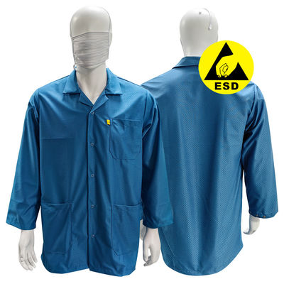 Màu xanh có thể rửa sạch phòng ESD Smock quần áo chống tĩnh mạch Quần áo với 96% polyester + 4% carbon
