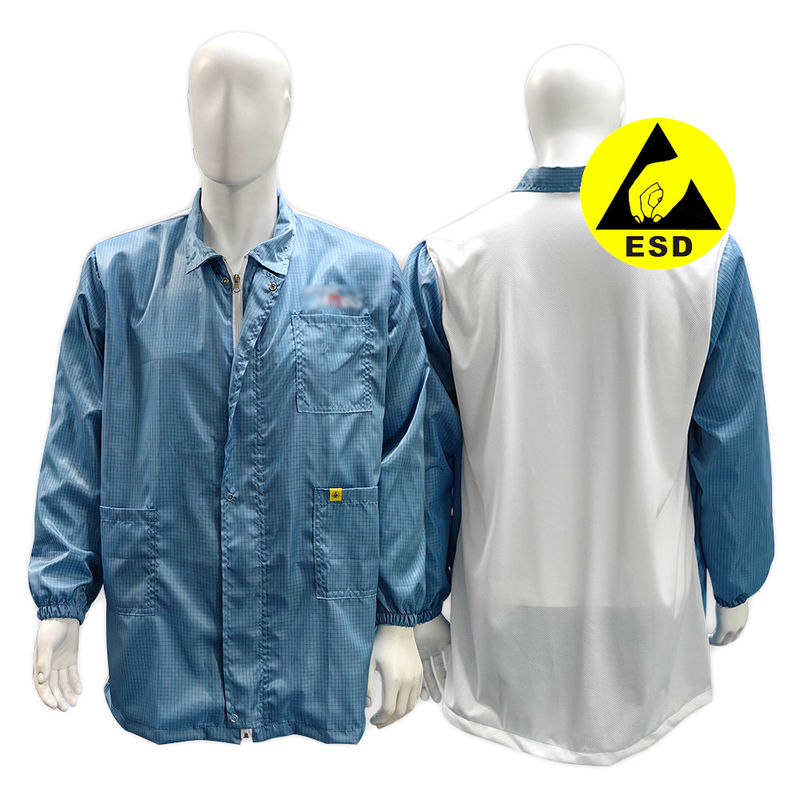 Phòng sạch áo khoác chống tĩnh điện ESD với một Lapel Zipper White Mesh Lưng áo khoác phòng thí nghiệm chống tĩnh