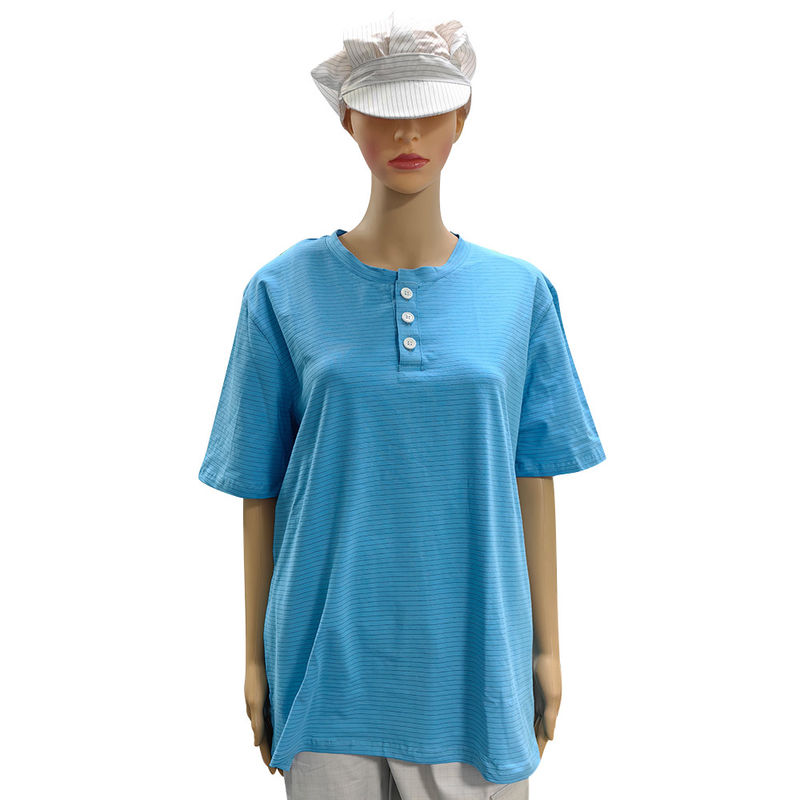 Phòng sạch 99% Cotton + 1% Carbon Fiber Blue Unisex ESD Áp áo O-neck chống tĩnh với 3 nút